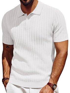 Men's White Knit Short Sleeve Textured Imported Polo T Shirt Casual